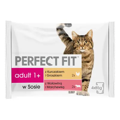 PERFECT FIT Cat Adult 1+ hús tasakok 4x85 g nedves macskaeledel csirke és borsó mártással, marha