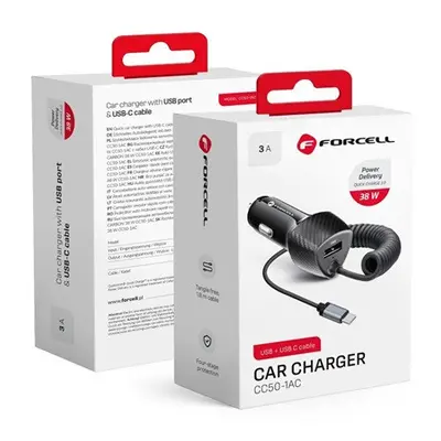 Forcell Carbon autós töltő usb Qc 3.0 18W kábel Type-C 3.0