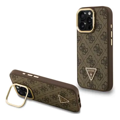 Guess PU 4G Strass Triangle Logo Apple iPhone 15 Pro Max MagSafe tok kitámasztható kamera peremmel, barna-arany