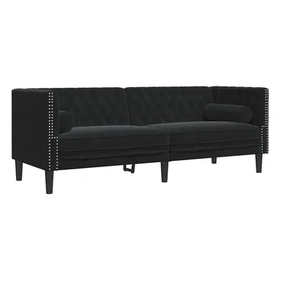 vidaXL 3 személyes fekete bársony Chesterfield kanapé hengerpárnákkal