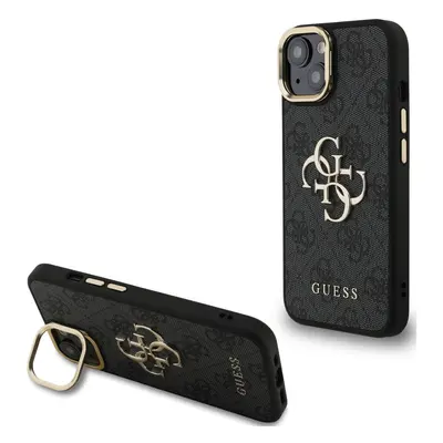 Guess PU 4G Metal Logo Apple iPhone 13 hátlap tok kitámasztható kamera peremmel, fekete-arany