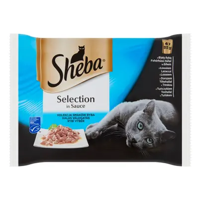 SHEBA Selection Select Slices Fish Flavours 4x85g teljes értékű nedves macskaeledel szószos darabokban lazaccal és fekete tőkeha