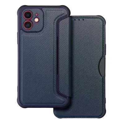 Apple iPhone 15 Plus, Oldalra nyíló tok, légpárnás sarok, bőrhatású, karbon minta, Razor Book, kék