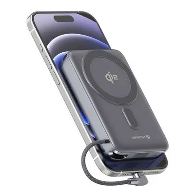 SWISSTEN POWER BANK MagSafe Qi2 15W, 10000 mAh INTEGRÁLT USB-C Kábellel FEKETE