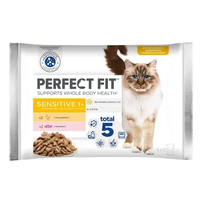 PERFECT FIT Sensitive 1+ tasakok 4x85 g teljes értékű nedves eledel felnőtt macskáknak, csirkemártással, lazaccal