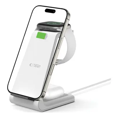 Univerzális vezeték nélküli töltő állomás 3in1, Qi Wireless, 10W, asztali tartó, Apple eszközökhöz, Tech-Protect QI15W-A36, fehé
