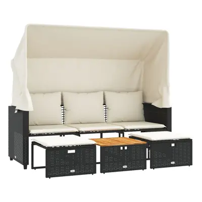vidaXL 3 személyes fekete polyrattan kerti kanapé baldachinnal/székkel
